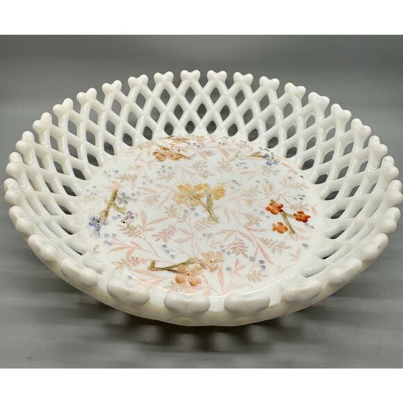 Vtg. Milk Glass Painted Floral Bowl Basket weave Lattice Fruit Compote Open Lace - Picture 4 of 13